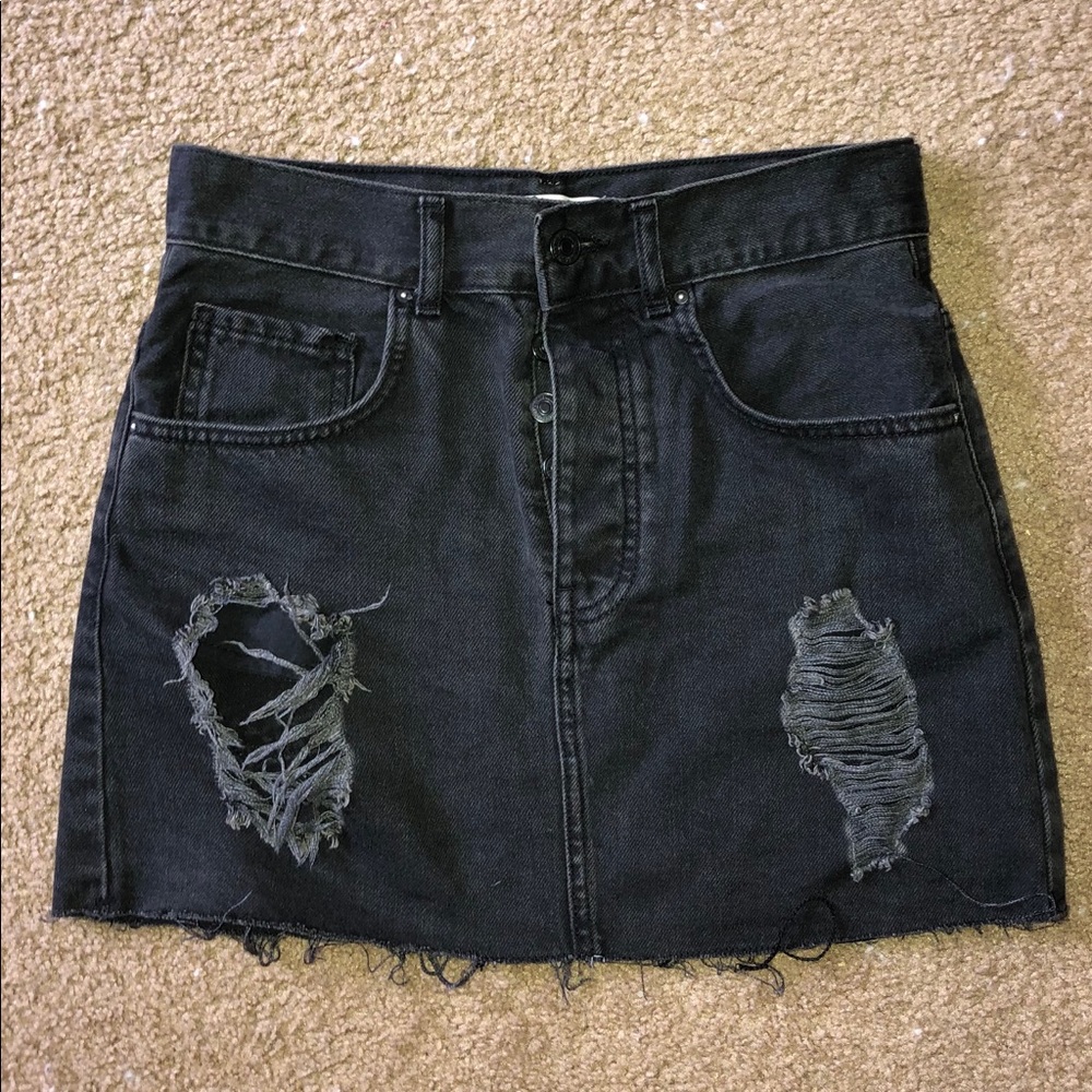Distressed jean mini skirt